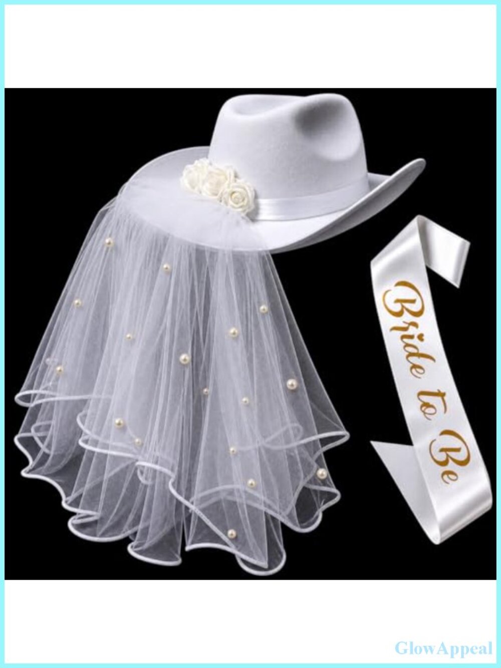 White Bride Cowgirl Hat with Veil & Sash, Felt, Bachelorette Party